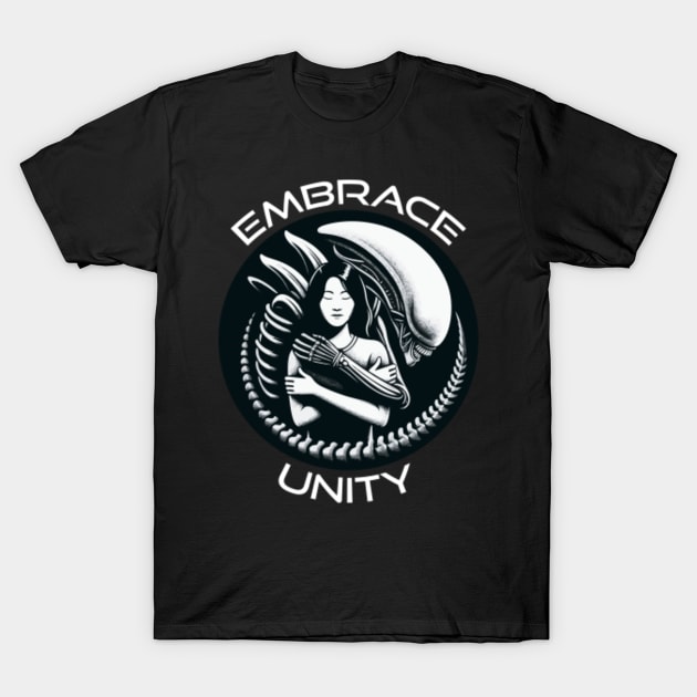 Embrace Unity Between Aliens and Humans T-Shirt by VEKULI